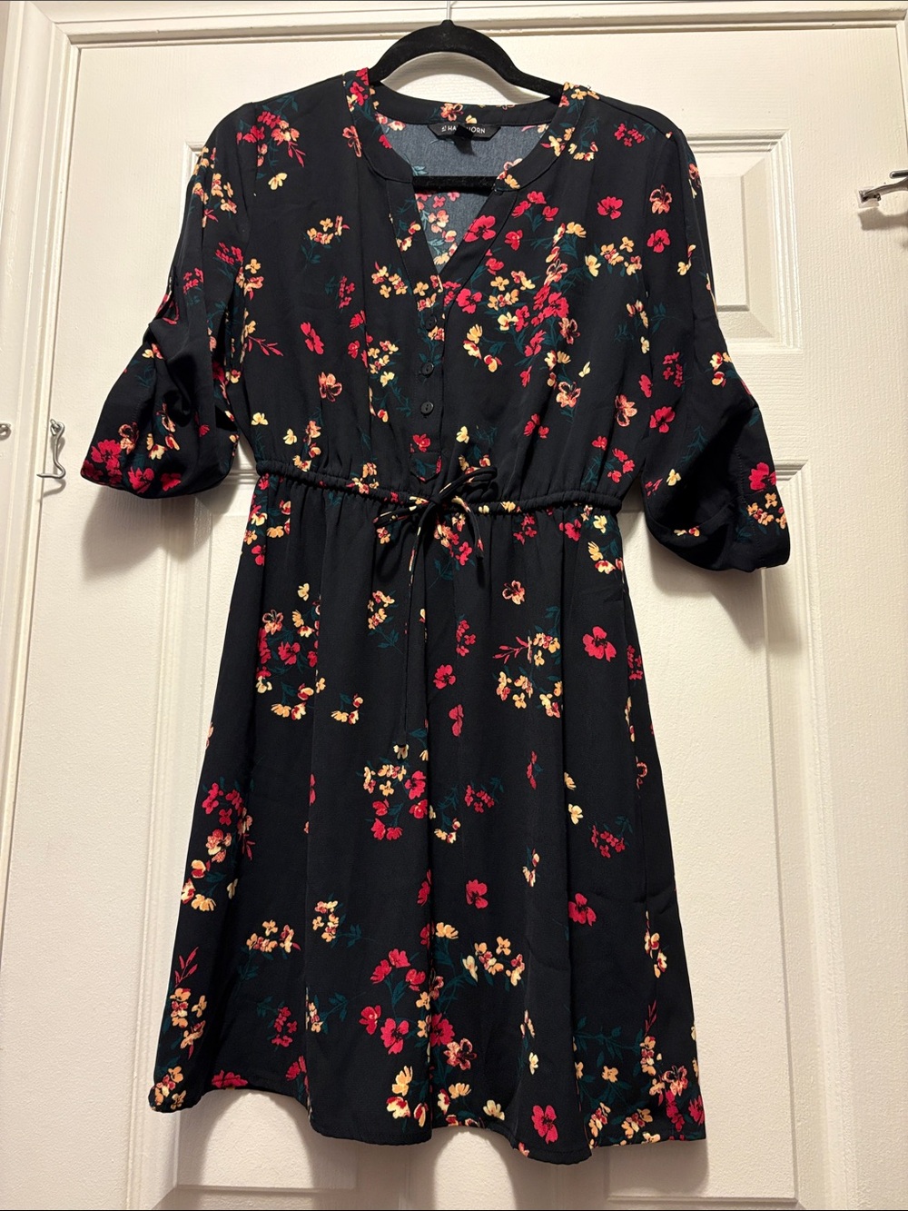 41 Hawthorn Black Floral Midi Dress with Red and Yellow Blooms